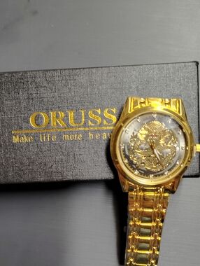 Russ Men's Gold Dragon Skeleton Bracelet Watch